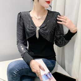 Women's T Shirts Autumn Bling Sequins Top For Women Luxury Shiny Sequined Diamonds Tassel Bowknot Shirt Winter Ladies Elegant Slim-Fit