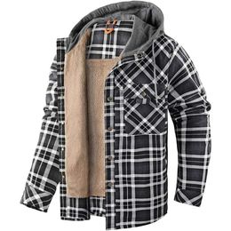 men's Hooded Coat casual thickened Long Sleeve Plaid work flannel button shirt jacket mens coat 12USZY