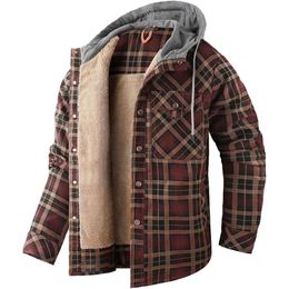 men's Hooded Coat casual thickened Long Sleeve Plaid work flannel button shirt jacket mens coat 63JOY