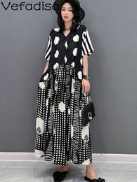 Dresses Vefadisa2023 Summer New Fashion Dress Polka Dot Shirt Colored Loose Fit Women Dress Vneck Patchwork Skirt Black And White ZY429