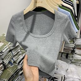 Women's T Shirts Sexy U-neck Short Chic Top Female Skinny Elastic Screw Thread Sleeve T-shirt Women Solid Colour Summer Clothing