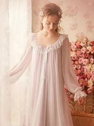 Women's Sleepwear Women French Nightgowns Pajamas Spring Autumn Vintage Lace Ruffles Mesh Princess Sexy Night Dress Victorian Retro