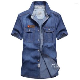 Men's Casual Shirts 4XL Summer Denim Shirt Men's Cotton Plaid Smart Short Sleeve Cargo Dress Man CLOTHES