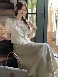 Work Dresses Shirt Skirt Sets Women Design Elegant Sweet Fashion Chinese Style Leisure High Waist Daily Tender Simple Female Puff Sleeve