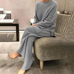 Women's Two Piece Pants 2 Pcs/Set Women Sweater Set Knitted Round Neck Loose Wide Leg Thick Warm Homewear Sleepwear Lady Winter Fall Pajamas