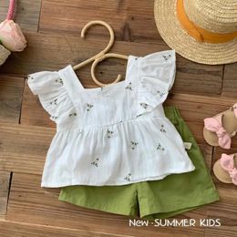 Clothing Sets 2023 Korean Summer Children Girl Clothes Set Cotton Embroidery Floral Square Collar Sleeve Shirt Suit Solid Green Shorts