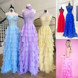 Ruffled Chiffon Winter Formal Party Dress 2k24 Beaded Choker Preteen Lady Pageant Prom Evening Event Hoco Gala Graduation Dance Gown Photoshoots Slit Boning Yellow