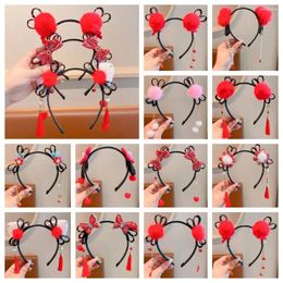 Hair Accessories Flower Children Wig Headband Sweet Braid Tassel Hanfu Sticks Plush Tang Suit Hoop Red Bow Hairband