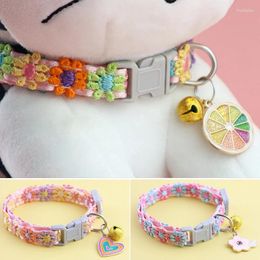 Dog Collars Colorful Lace Knitting Collar Adjustable Sweet Cute Heart Flower Pendant Pet CollarSafety Bell Ring Necklace Accessories