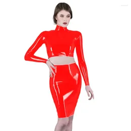 Work Dresses Spring/Autumn Summer PVC Long Sleeve Bodycon Top With Skirt Sexy Clothes For Women Matching Sets 2pcs Costume