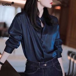 Women's Blouses Shirts Premium Black Single Breasted Straight Loose Chiffon Thin Long Sleeve Blouses Fashion Soldier Colour Spring Autumn Women Clothing P230427
