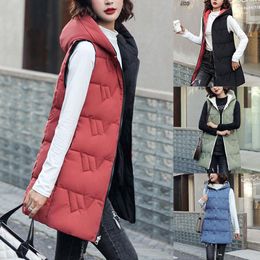 Waistcoats Autumn Winter Vest For Women Midlength Double Side Wear Down Cotton Vest Coat Colour Zipper Hooded Casual Waistcoat Jacket