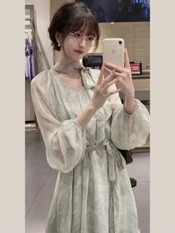 Casual Dresses Chiffon Maxi Women 2023 Vestidos De Mujer Long Sleeve V-neck Tunic Robe Femme Bandage Vintage Temperament Summer Dress