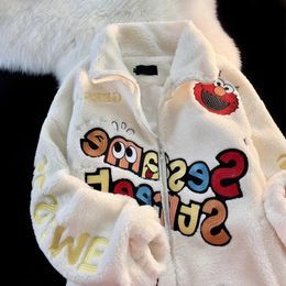 Women's Jackets Y2k Lamb Wool Embroidered Letter Cartoon Coat For Men And Women Lovers in Winter Lazy High-Grade Thick Warm Cotton-Padded Coat 231128