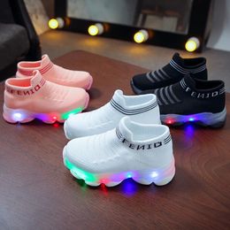 Boots Kids Sneakers Children Baby Girls Boys Letter Mesh Led Luminous Socks Sport Run Shoes Sapato Infantil Light Up 231127