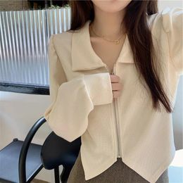 Women's Blouses Short Polo Collar Cardigan Coat Comfortable Casual Student Zipper Slim Long Sleeve T-shirt Underlay