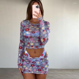 Work Dresses Women's Short Skirt Suit Fashion Beach Style Sexy Floral Printing Gauze Long Sleeve Top Design Slim Thin Female T-Shirt