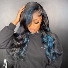 Peruvian Hair 180% HD Transparent 13x4 Body Wave Lace Frontal Wig PrePlucked Blue with Black Highlight Wig Glueless Synthetic Wigs