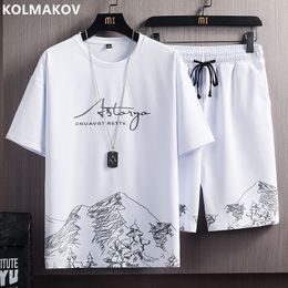 Men's Tracksuits Summer Fashion Casual Cherry Blossom Short Sleeve T-shirt Set Loose Large Size High Quality Sports Suit 4XL 230428