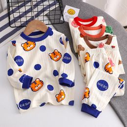 Rompers Pure Cotton Suit Boys Girls Baby Long Sleeve Oneck Toppants Autumn Clothes Children Loose Cute Full Print Cartoon Pyjamas Sets 230427