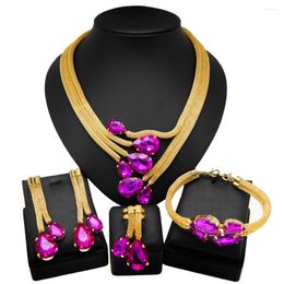 Necklace Earrings Set Bridal Jewelry Gold Plated Exquisite Brazilian Luxury Wedding Fashion Trend Purple Gemstone Pendant