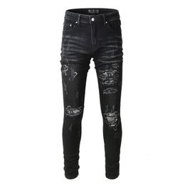 Men s Jeans Pria Hitam High Street Fashion Kurus Hancur Dasi Pewarna Bandana Bordir Patch Slim Fit Tergores Ripped untuk 230427