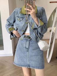 Work Dresses Spring Autumn Fashion Denim 2 Piece Set Women High Waist Casual Short Jacket And Fashionable Contrast Colour Jean Skirt