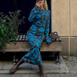 Casual Dresses Blue Knitted Maxi Dress For Women Fashion Jacquard Long Sleeve Slim Sweater Autumn Winter Elegant Warm Party 2023