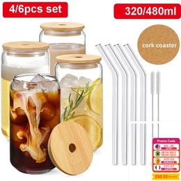 Water Bottles Glass Cup With Bamboo Lid and Straw Bubble Tea Cup Glasses Cups Transparent Beer Can Coffee Cup Cold Wine Cola 320ml480ml 46pc 230428