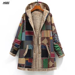 Fur Popular Winter Vintage Women Coat Warm Printing Thick Fleece Hoodies Long Jacket with Pocket Ladies Outwear Loose New Women Coat