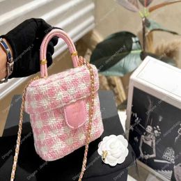 Small Fleece Tweed Makeup 23s Ring Cosmetic Handle Soft Designer Crossbody Cute Box Bag Diamond Lattice Shoulder Luxury Handbag 15cm