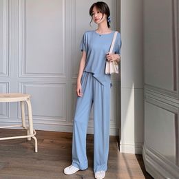 Women's Sleepwear Lazy Suit Summer Thin Viscose Fibre Loose Wide Leg Pants 2 Pcs Leisure Fashion Pyjamas Set Comfortable Home Wear Suits Plus Size 230428