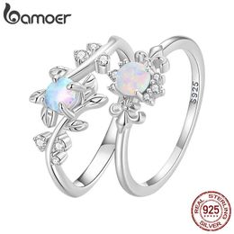 Band Rings BAMOER 925 Sterling Silver Leaf Ring White Opal Rings Elegant Vine Ring for Women Birthday Gift with Jewelry Box Z0428