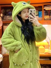 Women's Sleepwear Women Winter Warm Fleece Nightgown Green Lovely Plush Robes Flannel Cute Kawaii Cartoon Pyjama Set Homewear Nightwear