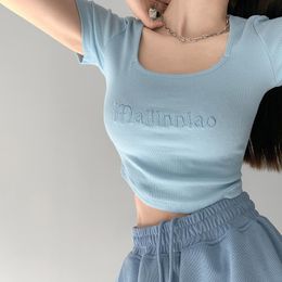 T-Shirt Summer Short Sleeve Women TShirt Round Neck Streetwear Embroidery Letter Sexy Exposed Umbilicus Threaded Cloth Cropped Tops