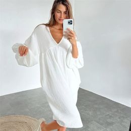 Sexy Pyjamas QWEEK Gauze Night Dress Women Casual Loose V Neck Nightdress Sexy Sleepwear Bishop Sleeve Cotton Nightwear 230428