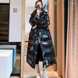 Women's Trench Coats 2023 Winter Shiny Cotton Coat Parka Black Colourful Wash Free Printing Thickened Over Knee Hooded Long