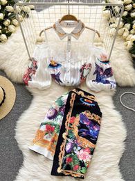 Suits Summer Sweet Two Piece Set Women Off The Shoulder Lace Embroidery Patchwork Chiffon Shirt Top+Irregular Flower Print Mini Skirt