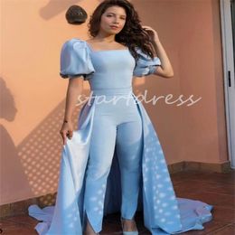Korean Light Blue Jumpsuit Prom Dress With Overskirt Train Square Collar Short Sleeve Satin Pantsuit Evening Dress 2024 Birthday Party Promdress Special Occasion