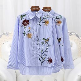 Women's Blouses Shirts Anasunmoon Women Striped Long Sleeves Floral Embroidery Blouse Turn Down Collar ShirtDress Camisa bordada Blusa feminino 230428