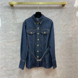 Women's Jackets High Quality Waistband Medium Length Denim Jacket Metal Buckle Stripe Slimming Long Sleeved Lining Dress