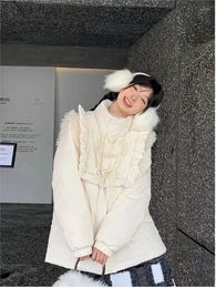 Women's Trench Coats 2023 WINTE Women White Cute Ruffle Parkas Korean Horn Button Stand Collar Down