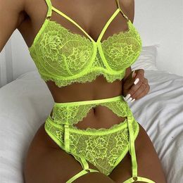 Sexy Set Women's 3 Piece Babydoll Lingerie Set Sexy Floral Lace Bra + High Waist Garter Belt + Panty Set sexy halloween come bra P230428