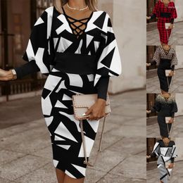 Casual Dresses Red Plaid Print Bodycon For Women Autumn Deep V Neck Long Sleeve Midi Dress Elegant Party Christmas