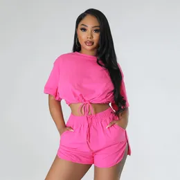 Women's Tracksuits LEDP 2023 INS Solid Simple Sweet Young Sexy Drawstring Shirt&Short Round Neck Half Sleeve Short Pants Slim Women 2 Piece