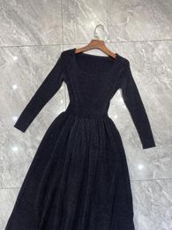 Casual Dresses 2023 Autumn/Winter Solid Round Neck Large Hem Waist A Line Long Sleeve Midi Dress Woman Length Skirt