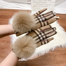 Fingerless Glove 's Cashmere Ladies Touch Screen Furry Fur Ball Plaid Wool Driving Glove Female Mittens 231127