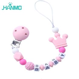 Pacifier Holders Clips# Handmade free Personalised name silicone baby pacifier clip crown chain holder safe teether 230427