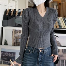 Women's Sweaters Autumn Winter Fashion Tshirts For Women Puff Sleeve V Neck Tunic Knitted Tees 2023 Ropa Mujer Solid Ribbed Crop T Shirt Y2k