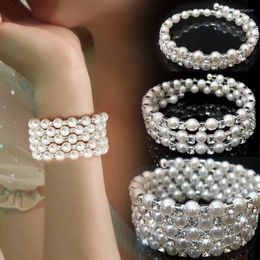 Decorative Flowers Pearl Rhinestone Bracelet Cuff Wrap Bangle Wedding Jewelry Gift For Bridal Mother Flower Girl Bridesmaid